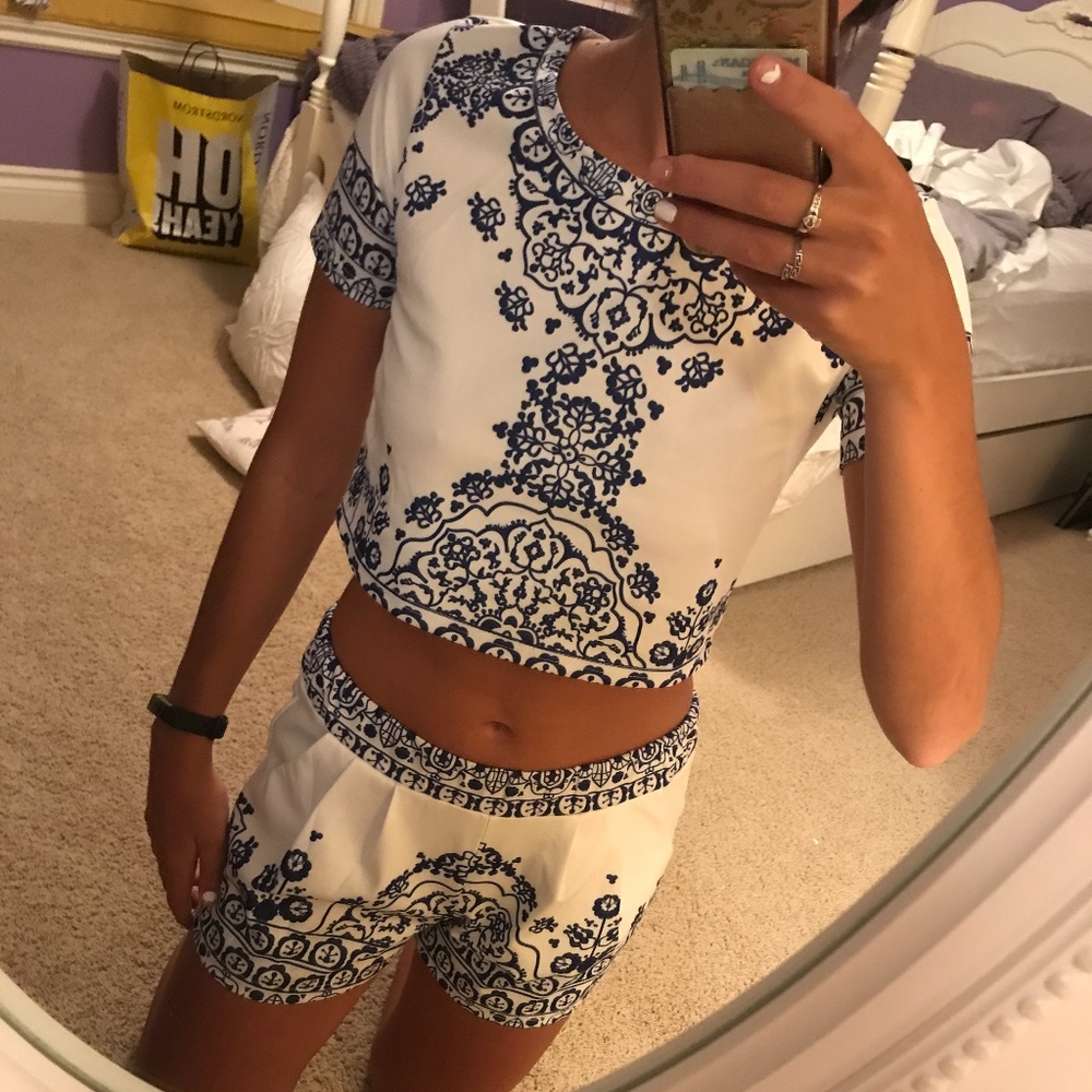 Beautiful Blue and White Printed Set- Shorts + Top